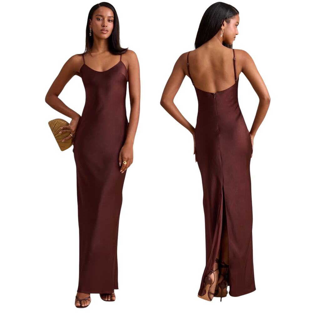 Lulus Janet Brown Satin Slip Maxi Dress size XS